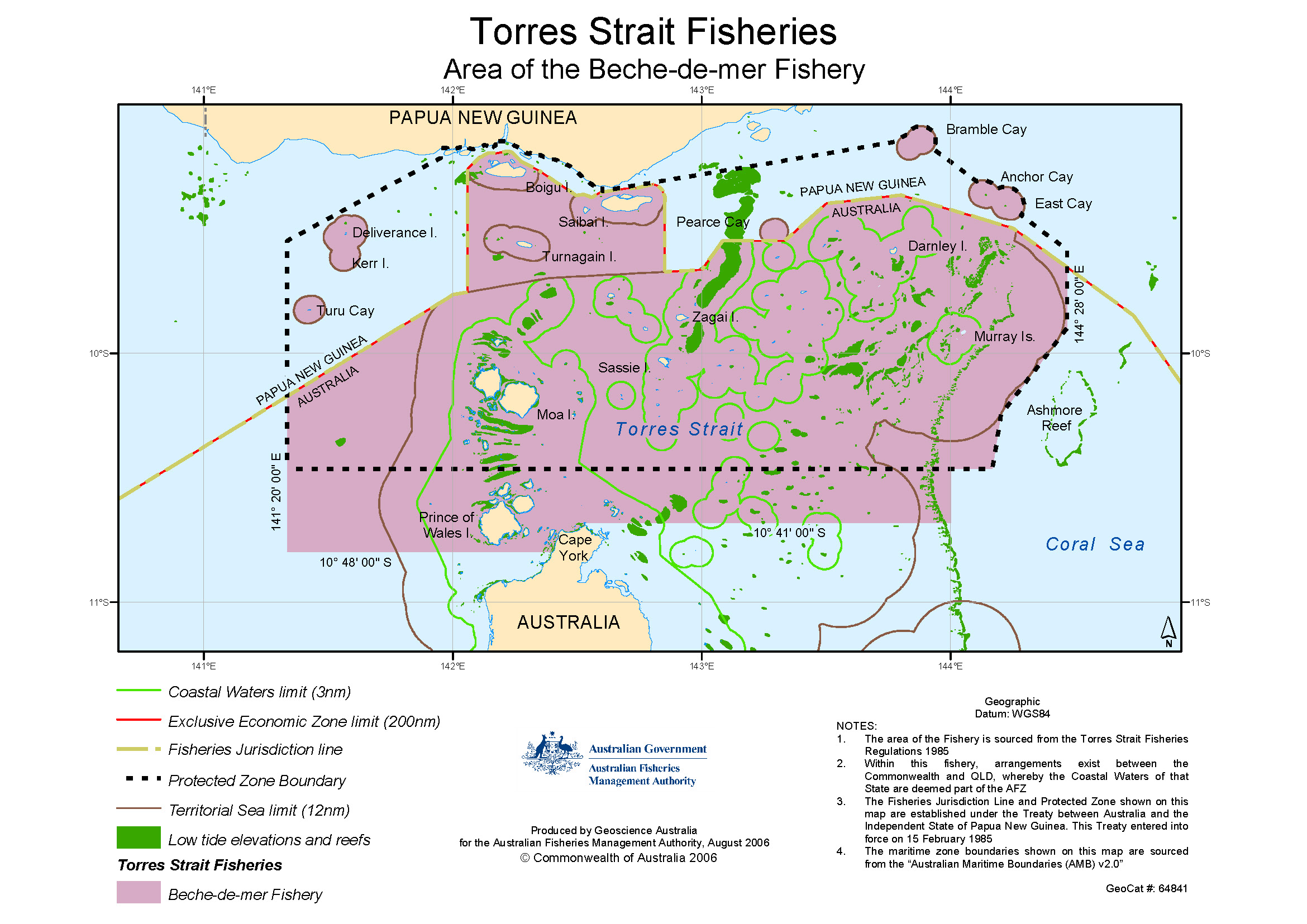 A map of the Torres Strait Beche-de-mer Fishery. The area of the Fishery is also outlined in the Torres Strait Fisheries Regulations 1985.